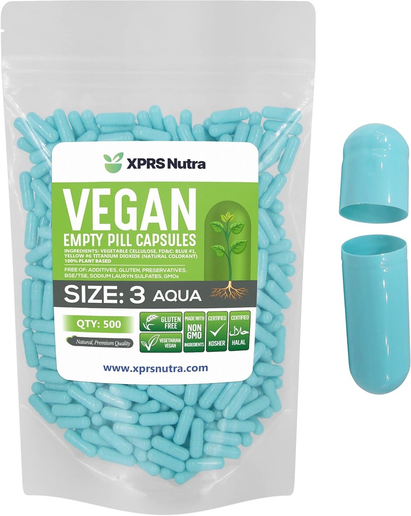 XPRS Nutra velikost 3 prazne kapsule - 500 Število prazne Veganske tablete - Vegetarijanske tablete - DIY Zelenjavne kapsule Polnjenje - Veggie Tablete Caps (Aqua)