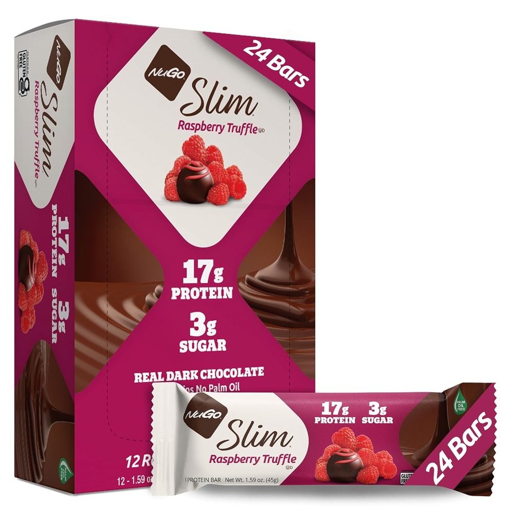 NuGo Slim temna čokolada Raspberry Tuffle, 17g beljakovin, 2g sladkorja, 7g vlaknin, nizko neto Carb, Keto prijazno, Gluten brezplačno, 24 Štetje