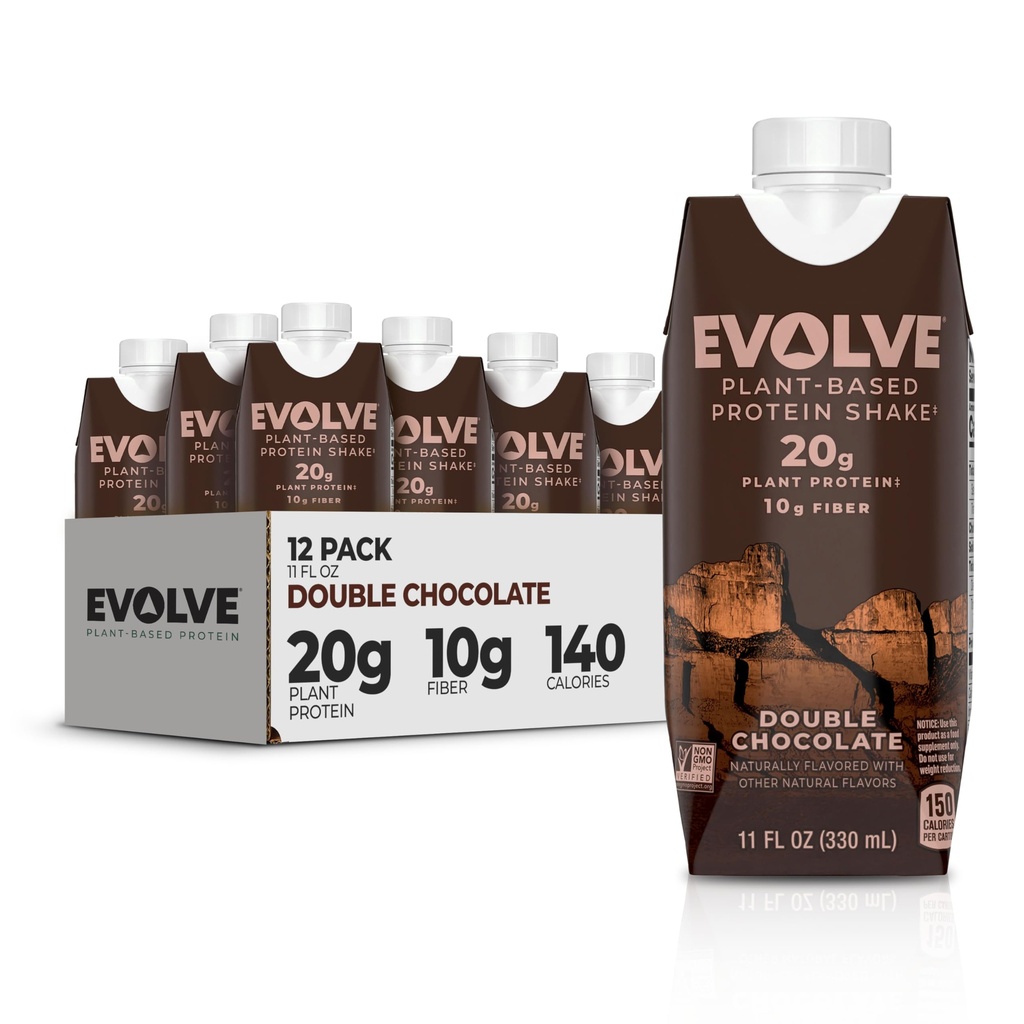 Protein Shake na osnovi Evolve, dvojna čokolada, 20g Vegan proteini, brez mleka, brez umetnih sladil, ne-GMO, 10g Fiber, 11 Fl Oz (Pack of 12) - (Formula maj Vary)