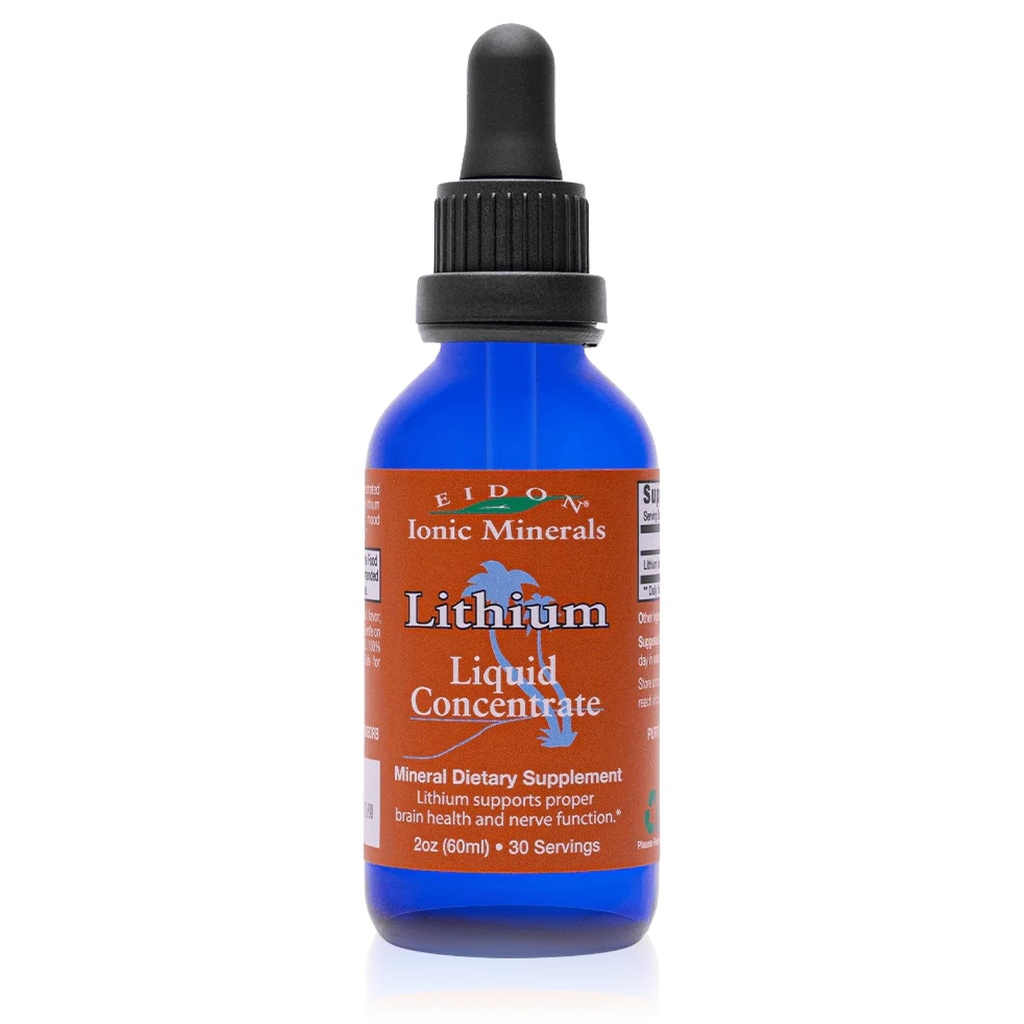 Eidon Ionic Minerali Tekoči litij - Litij Klorid Kapljice Dodatek, Minerali Kapljice za vodo, Spodbujanje zdravja možganov, podpora Kognicija, Pomoč v vitamin B12 in Folate Transport, 2 oz.