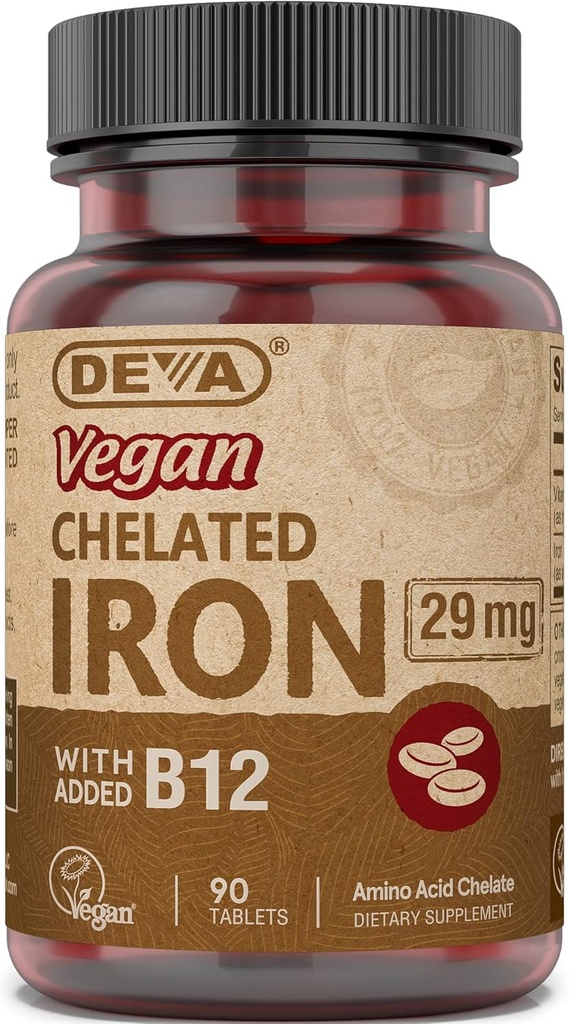 Vegansko kelirano železo DEVA z dodanim vitaminom B-12, prehranska dopolnila, 29 mg, 90