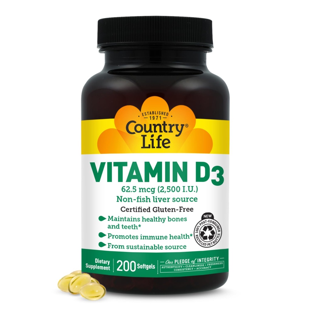 Country Life Vitamin D3 2500 i.e. – Brez rib, z visoko jakostjo vitamina D3 za moč kosti, imuno podporo in absorpcijo kalcija – certificirano brez glutena, 200 kapsul
