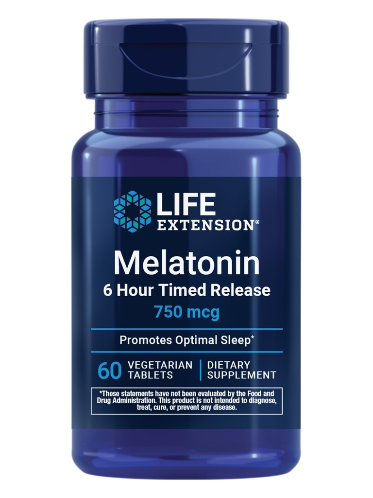 Life Extension Melatonin 6 Urni čas sprostitve, 750 mcg, Razširjeno-Release Formula za nežno podporo spanja, Zdrave cirkadiane Ritmi, Celularna obramba, Gluten-free, Ne-GMO, Vegetarian, 60 tablet