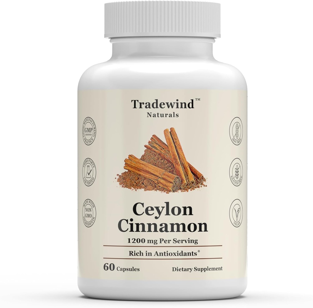 Ceylon Cinnamon 1200mg - Pure Ceylon Cinnamon - Vegan - Non-GMO - Podpora srce in kognitivno zdravje - bogata z antioksidanti - 60 Zelenjavne kapsule - Izdelano v ZDA