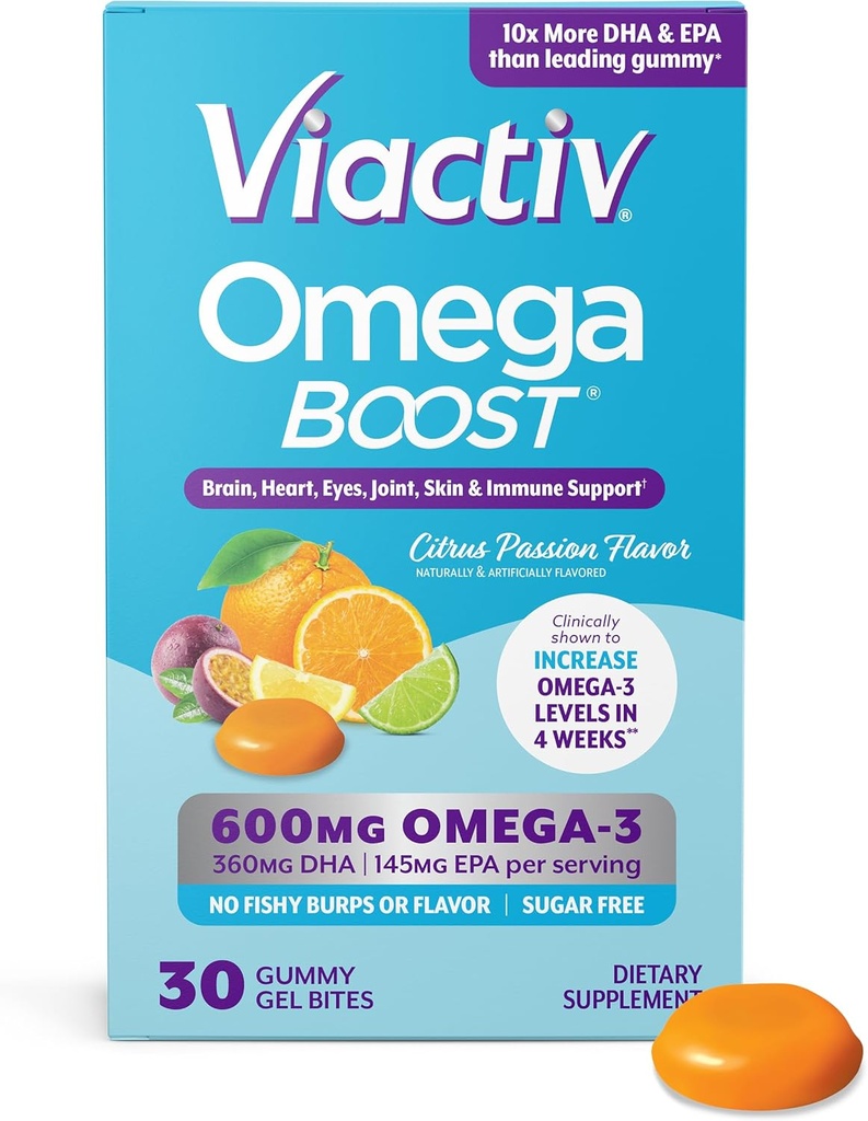 Viactiv Omega 3 Ribje olje Gumies. EPA DHA dodatek za zdravje srca in možganov, 30 Brez sladkorja Gummy vitamini, 1pc Serviranje