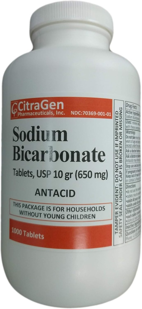 Tablete natrijevega bikarbonata USP 650 mg (10 zrnc) za lajšanje prebavnih motenj, zgage, Sour Stomach & Upset Stomach 1000 tablet na steklenico zdravila CitraGen Pharmaceuticals Inc