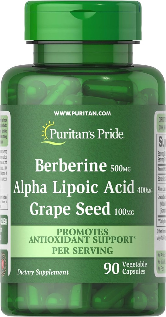 Puritan's Pride Berberine, Alfa lipoična kislina in grozdno seme, spodbuja antioksidant podporo, 90 Zelenjavne kapsule