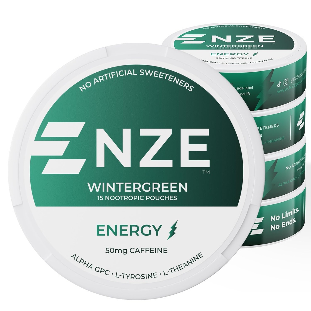 NZE Kofeinske nootropne vrečke (Wintergreen) - Energijske vrečke s 50 mg kofeina, alfa GPC, L-tirozina in L-teanina brez sladkorja ali umetnih sladil - 15 vrečk na pločevinko - 5 paketov