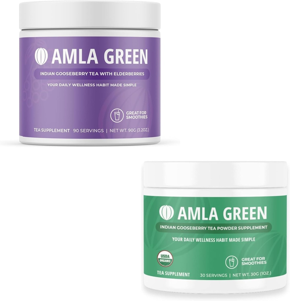 Amla Powder & Green Tea Superfood Supplement, antioksidant podpora, izdelan z bezgovimi jagodami (90 servingov) in indijskih gosi (30 serving), Organic, Vegan
