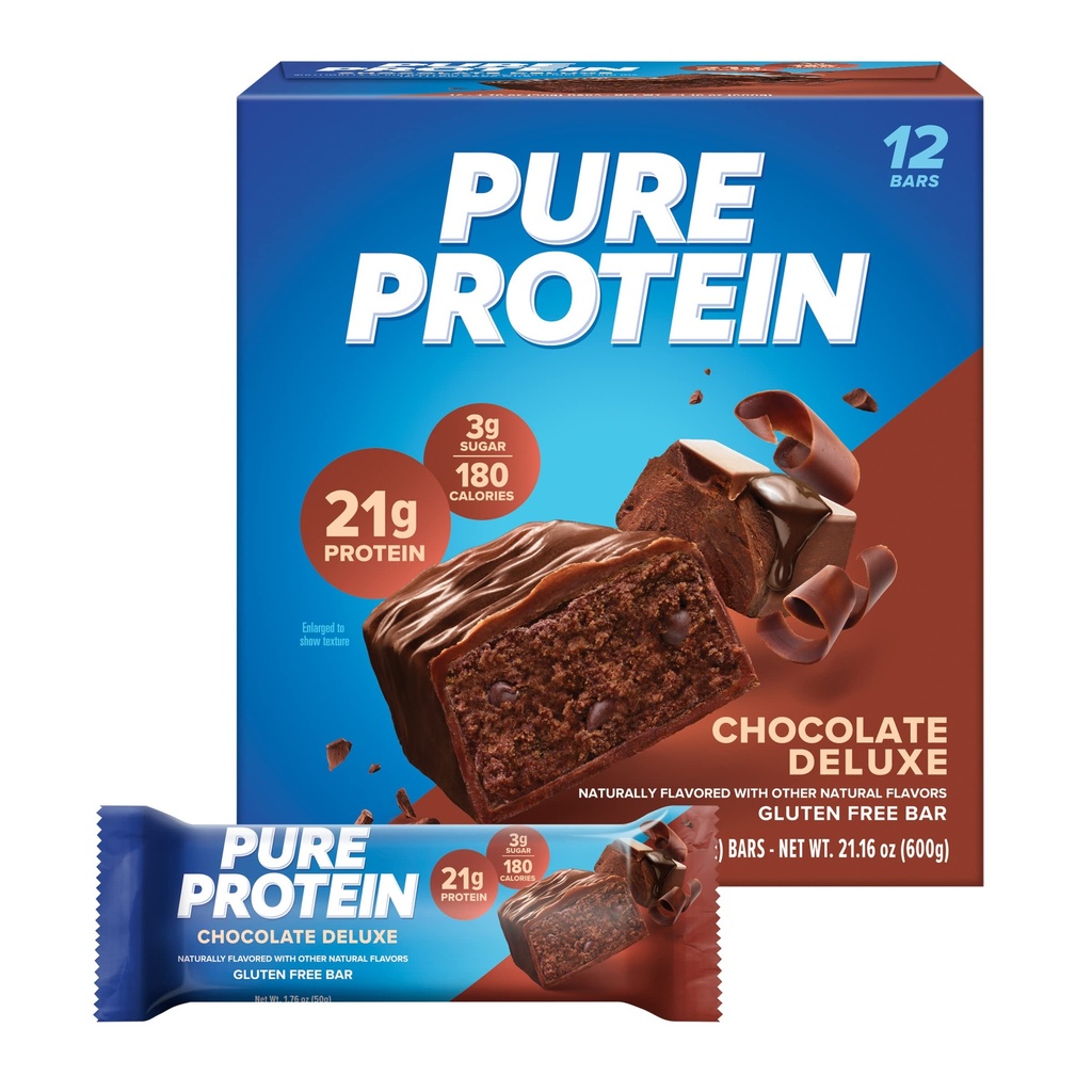 Čiste beljakovinske čokoladice, visoke beljakovine, hranilni prigrizki za podporo energije, nizkega sladkorja, brez glutena, čokolade Deluxe, 1,76 oz., 12 število(Pack of 1) (Packaging se lahko razlikuje)