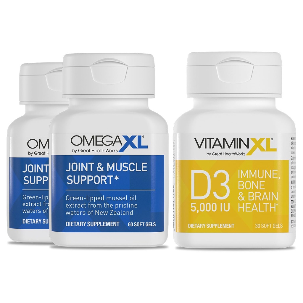 Podpora OmegaXL - Podpora za naravne mišice/imune, 60 softgels (2 paketa) & vitaminXL D3 Visoka jakost Dnevni vitamin D 5000 i.e. 125mcg dodatek (30 kapsul)