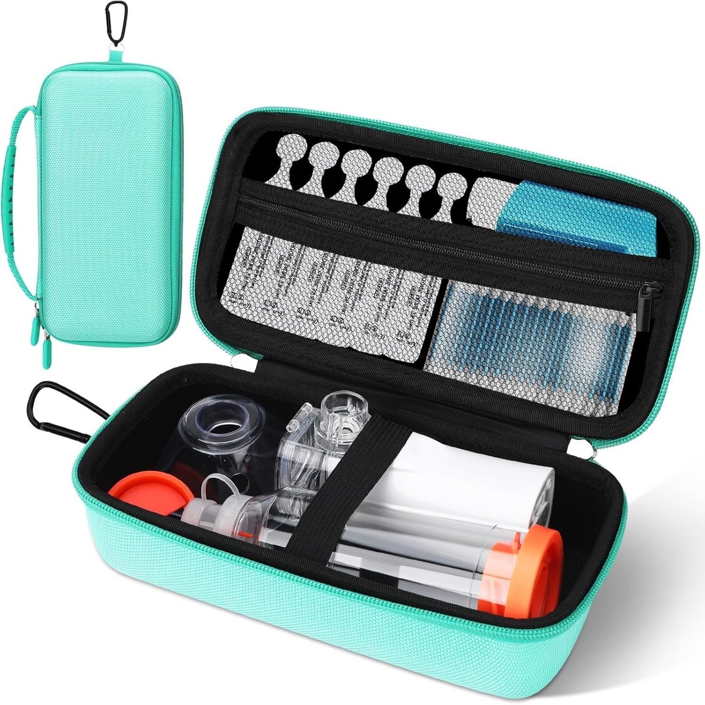 Astma Inhaler Case, Prenosni nebulator Organizator, Potovanja pripravljen z mesh Pocket, dvojnih zadrg, Silikonski ročaj, Otroci in odrasli, Stylish Green