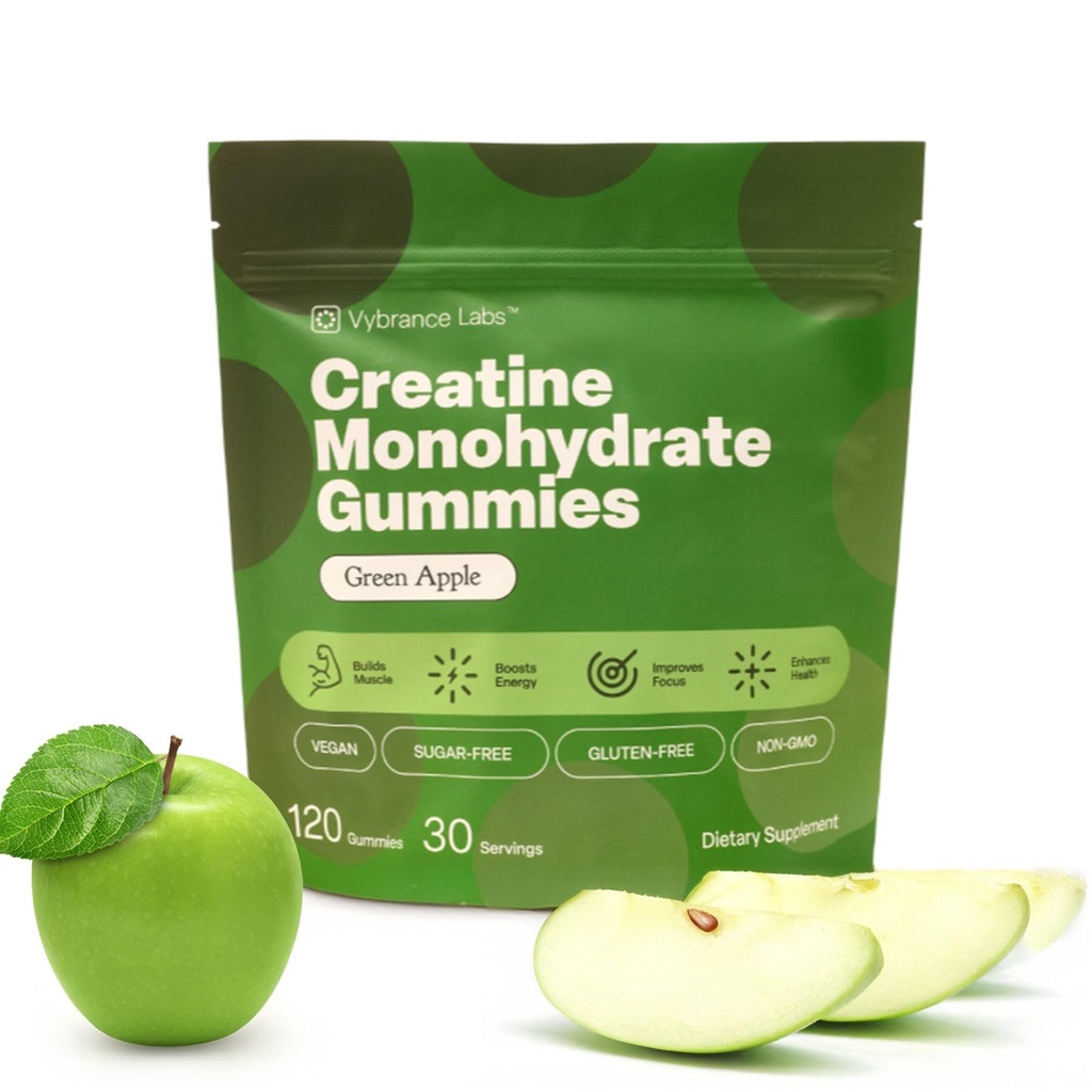 Kreatin Gumies 5g Monohidrat + Taurin & B12 - Brez sladkorja, Vegan, Gluten-free - Green Apple - 120 Count (30 strežb) za moč, energijo in fokus