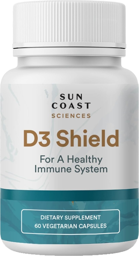 Sun Coast Sciences D3 Shield - vitamin D3 5000 i.e. za imuno podporo in zdravje kosti 60 vegetarijanske kapsule K2 s 180 mg kalcijevega karbonata največja absorpcija