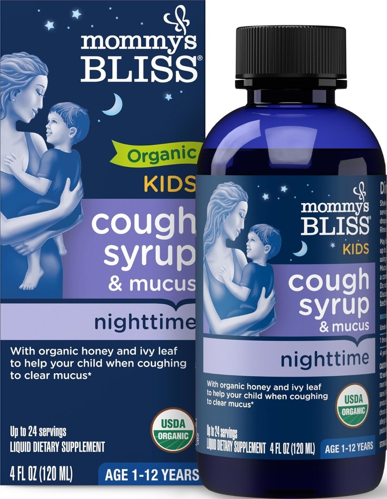 Mamina Bliss Organic Kids Cough Syrup & Mucus Relief za nočni čas, Agave & Med, Ivy Leaf, Cink, Vitamin C, +Herbal nočna mešanica, 4 Fl z