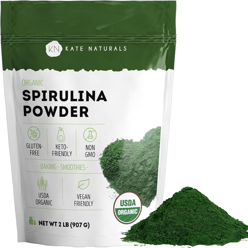 Kate Naturals Organic Spirulina Powder. Hranilna pena Superhrana za napitke in sok (2 lb, USDA Certified, Non-GMO, Gluten-free)