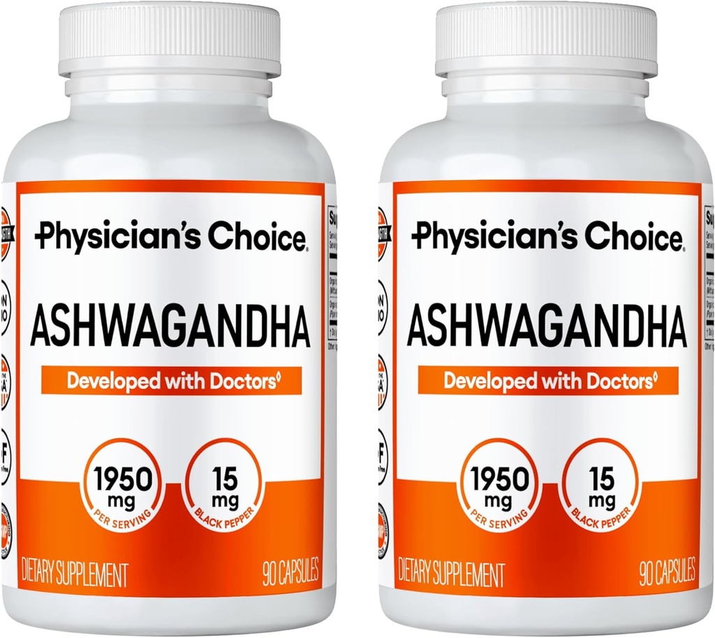 Fizik's CHOICE Ashwagandha 1950mg Organic Ashwagandha Root Powder z izvleček črnega popra, Stress Support, Mood Supplement, 90 Veggie Ashwagandha Kapsule - 2 PCK