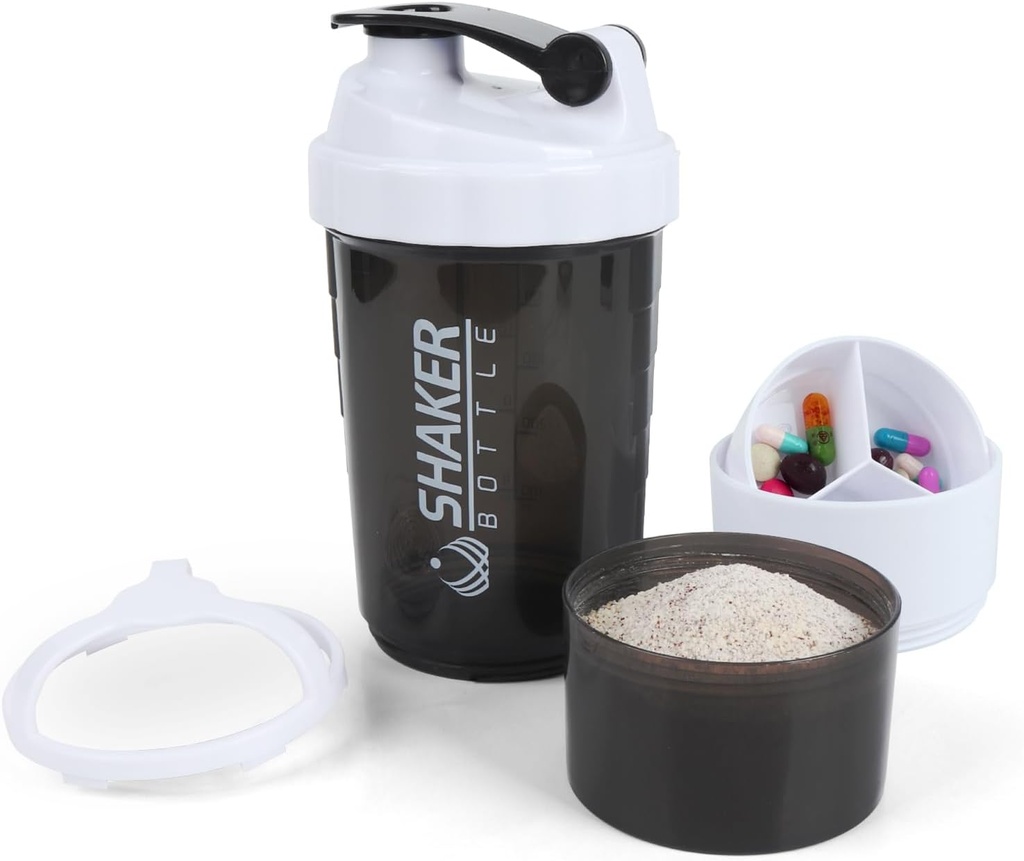 Steklenica za stresanje - Pokal za stresanje beljakovin s predelki za shranjevanje - Tresanje s plastenke z mešalnikom za gladko mešanje-500ML/16oz (WHITE & BLACK)