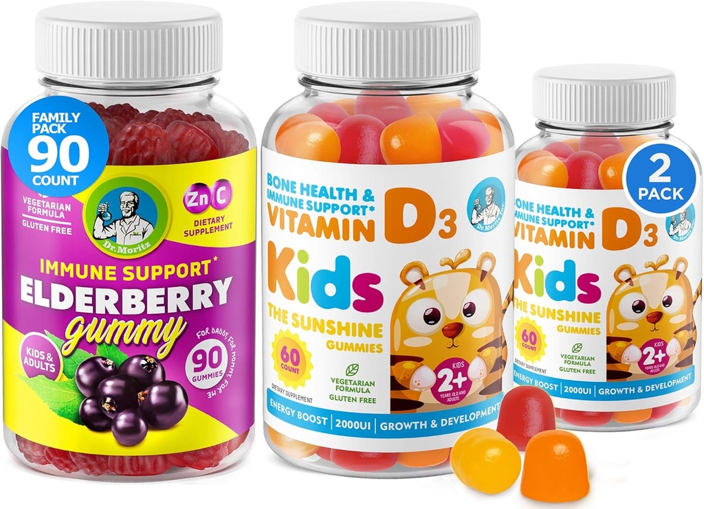 Vitamin D Gumies and Elderberry Gumies - Immunity Mega Boost za otroke in odrasle - Vegetarijanska želatina brez imunske podpore Vitamini za otroke