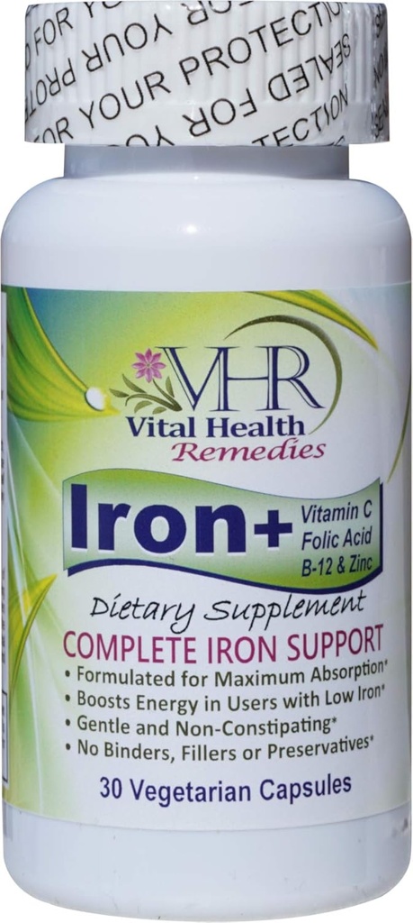 Iron+ z vitaminom C, FOLIC kislino, B-12 in ZINC brez konzervansov, nežna in nezaščitena formula za maksimalno absorpcijo. 30 Veggie kape - Vital Health Remedies