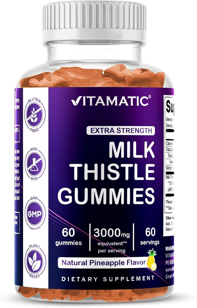 Vitamatsko mleko Thistle Gummies- 10000 mg ekvivalenten na serviranje (od 50:1 ekstrakt 200 mg)- Jetrno detoks in protioksidantno zdravje - Min. 80% silimarin Flavonoidi - 60 pektin na bazi