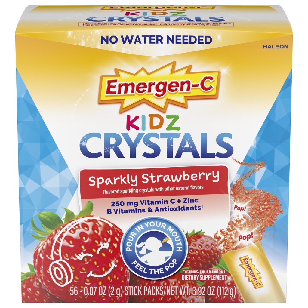 Emergen-C Kidz kristali, On-the-Go Emergen-C imunske podpore dodatek z vitaminom C, B vitamini, cink in mangan, Sparkly Jagoda, Stoeting polnilec - 56 Packs
