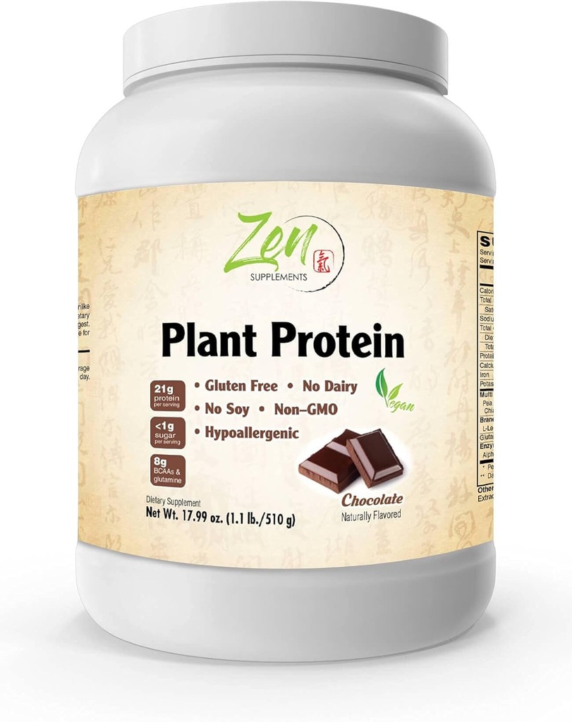 Zen Dodatki - Rastlinski proteini-Chocolate 510G 1.1LB Powder - 23 gramov beljakovin na serviranje - vegan, nizko neto ogljikovih hidratov, nemaščobne, brez glutena, brez laktoze, brez dodanega sladkorja, brez soje, Kosher, Non-GMO