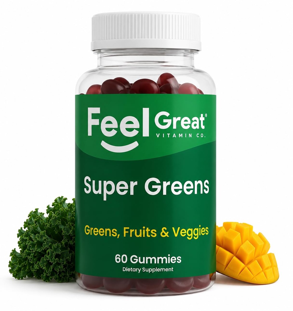 Feel Great Super Greens Gummies for Adults, Spirulina & Spinach Blend, 60ct