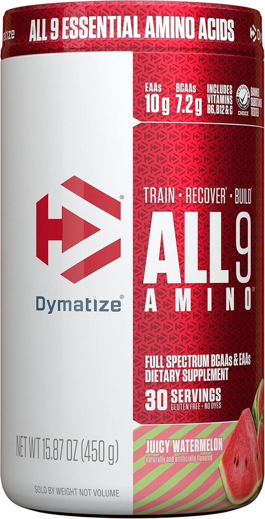 Dymatize All9 Amino, 7.2g BCAA, 10g polnega spektra esencialnih aminokislin na odmerek za regeneracijo in optimalne sinteze mišičnih beljakovin, Juicy Watermelon, 30 Serving, 15.87 Ounce
