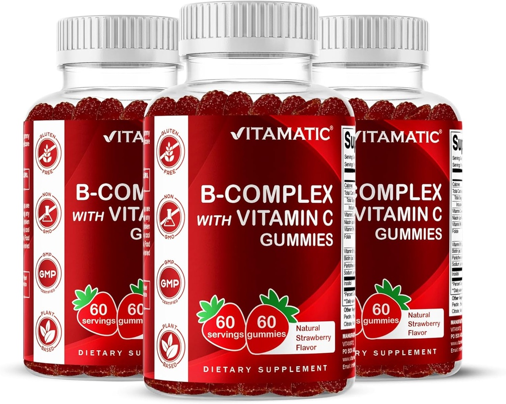Vitamatski vitamin B Complex Gumies z vitaminom C & Inositol - Naravna jagodna aroma - 60 Gumies (3 steklenice)