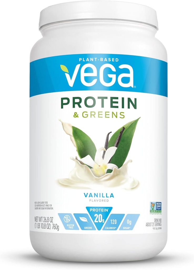 Vega proteini in zeleni Vanilla (25 strežnikov, 26,8 ounce) - veganski rastlinski beljakovinski prašek v prahu, brez glutena, brez mleka, brez soje, brez GSO
