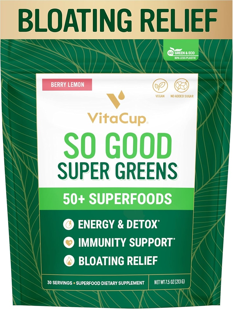 VitaCup So Good Super Greens Powder w/ 50+ Premium Superfoods, Boost Energy, Detox, Immuniteta w/Probiotiki, Prebiotiki, Fiber, Antioksidanti, Adaptogeni, Spirulina, Berry Lemon,30 Servinges