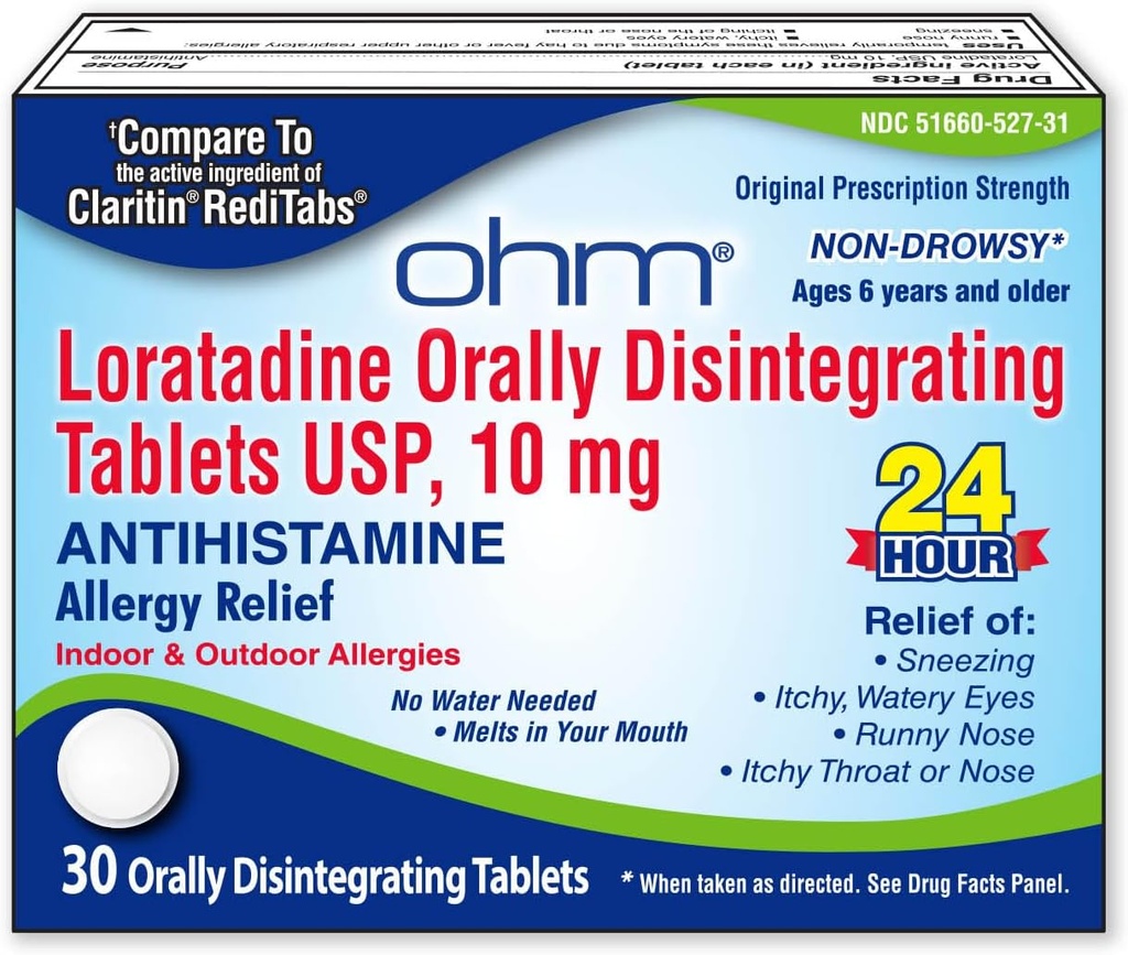 Ohm Loratadine 10 mg Alergija Medicina - ne Drowsy All Day Alergy Relief, 24 ur Antihistaminik, oralno razkrojijo tablete, učinkovito lajšanje, za starosti 6 in up - 30 grof