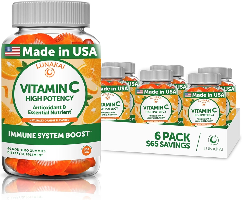 Lunakai Vitamin C Gumiji za odrasle in otroke - Organski VIT C Veganski žvečljivi Gumi Vitamini - 250 mg Odrasli, otroci, Toddlerjevi žvečilni gumi - 6 pack