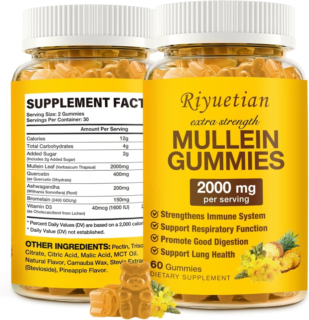 Mullein Gummies, 2000mg Organski Mullein Leaf Extract za čista pljuča, Boost dihal in prebavnih, Imunski poživilo za odrasle in otroke, alergija prijazno, Non-GMO, 60 Gummies