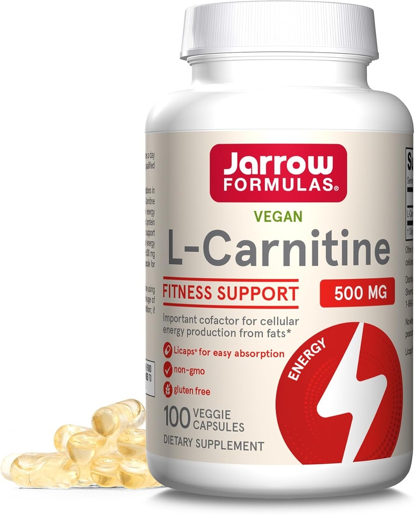 Jarrow Formule L-Carnitine 500 mg - 100 Veggie Licaps - pomemben kofaktor za proizvodnjo energije (ATP) iz maščob - Vegan - do 100 Servingov