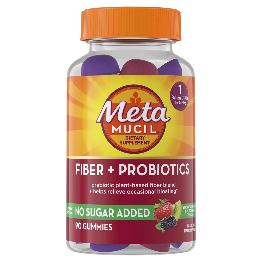 Metamucil Fiber Gumies za odrasle s probiotiki za hropenje, brez sladkorja dodane jagode Kiwi BlackBerry arome, 5g predbiotične rastline temelji Fiber dodatek mešanica, 90 Število