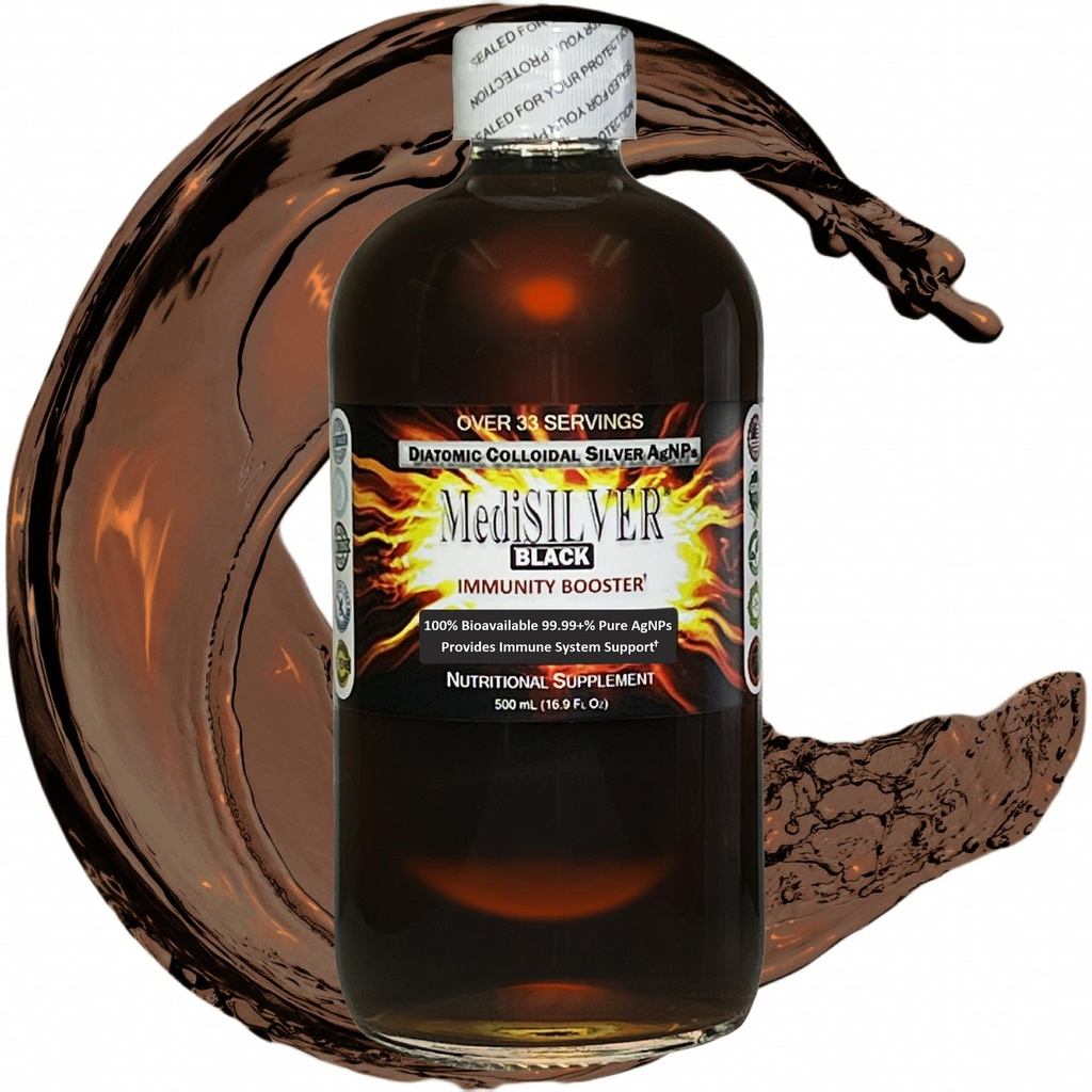 MediSILVER Black Immunity Booster Diatomic True Coloidal Silver AgNP Nutrient - 500 ml v prozorni steklenici