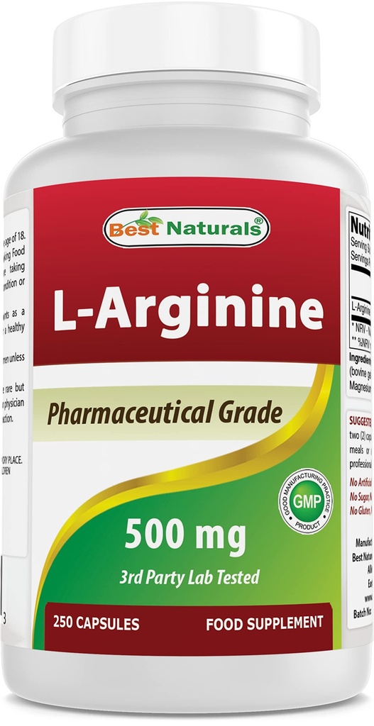 Best Naturals L-Arginin 500mg 250 Kapsule - farmacevtska stopnja L Arginin dodatek spodbuja sintezo dušikovega oksida