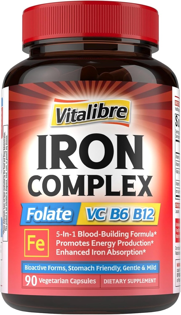 Železo dodatek za ženske in moške, z vitamini C, B6, B12 & Folat za pomanjkanje železa, Blood Building & Energy Support, Želodec prijazno, Boljša absorpcija, Ne-GMO, Brez Gluten, 90 Veganske kape