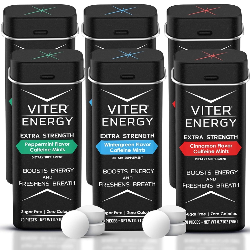 Viter Energija Dodatna moč Kofeinirane mete 80mg Kofein, B Vitamini, brez sladkorja. (Variety, 20kos, 6 Pack)