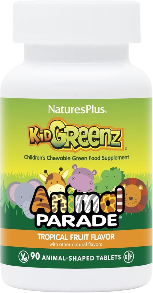 NaturesPlus živalske parade KidGreenz, tropski sadni okus - 90 živalske oblike, žvečljive tablete - pakiranje 2 - z Broccoli & Spinach - vegetarijansko, gluten brezplačno - 180 skupno serviranje