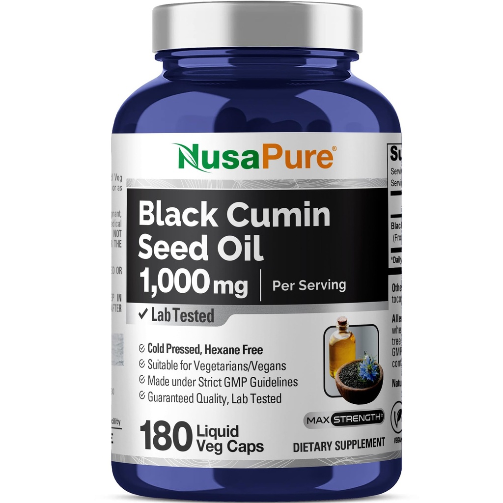 NusaPure Black Seed Oil 1.000 mg na Serving 180 kapsul softgel (Nen-GMO, Vegetarijanec) Hladno Presed Devica Nigella Sativa. Brez heksana