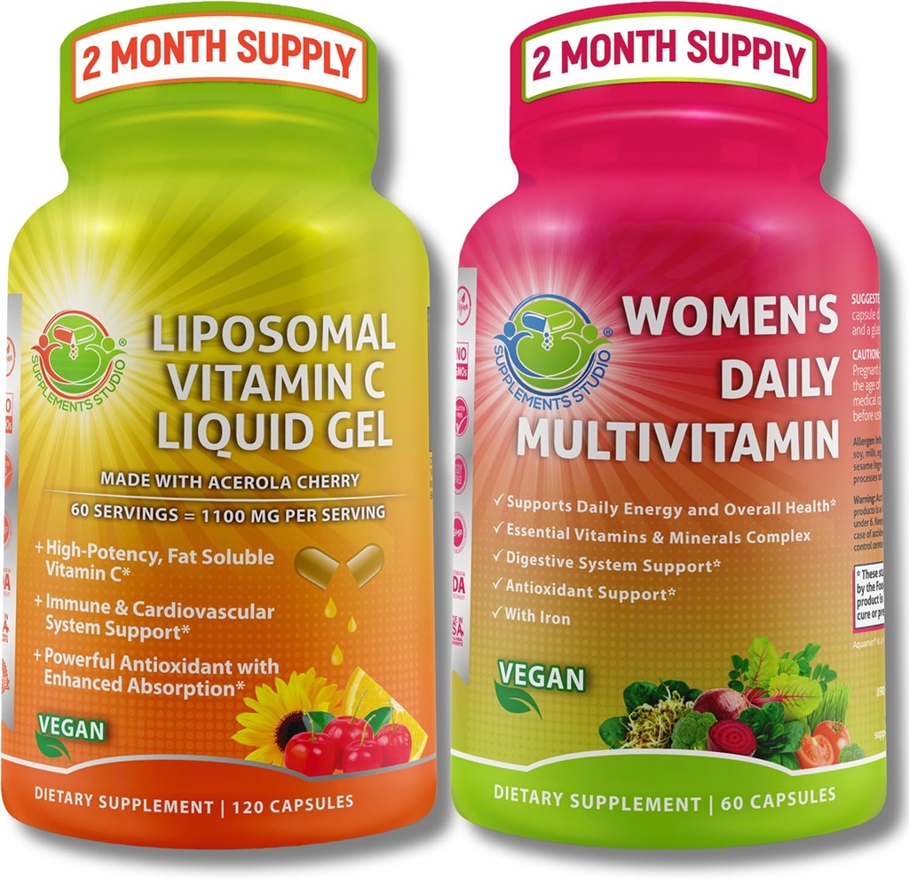 Imunska podpora Bundle – liposomski vitamin C 1100mg Tekoči gel Kapsule z organsko Acerola Cherry & Vegan ženski dnevni multivitaminski z železom – Non-GMO, Čisti dnevni wellness podpora