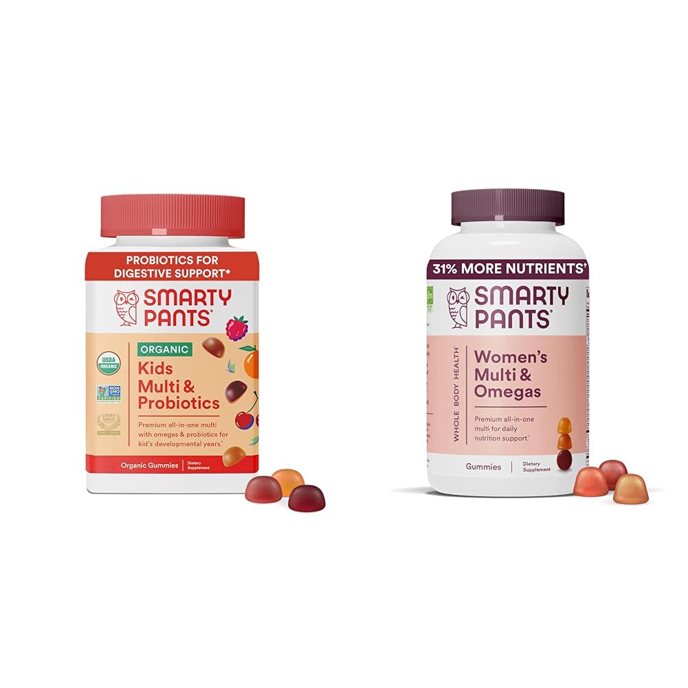 SmartyPants Organic Kids Multivitaminski gumiji: probiotiki, omega 3 (ALA), vitamin D3, C, vitamin B12 in ženski multivitaminski gumiji: Omega 3 ribje olje (EPA/DHA), metilfolat, CoQ10