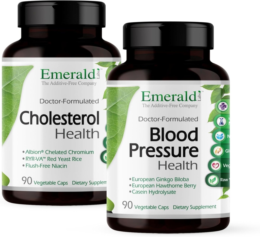 EMERALD LABS Holesterol Health (90 Caps) & Krvni tlak Health (90 Caps) - Podpora srce in cirkulatorni sistem - Podpora ravni krvnega tlaka v normalnem razponu - Gluten-free - 30-dnevno oskrbo