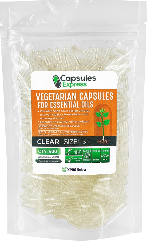 XPRS Nutra velikost 3 prazne veganske kapsule - 500 Count Clear Veggie kapsule za najbolj esencialna olja - prazne zelenjavne tablete - DIY olje polnjenje