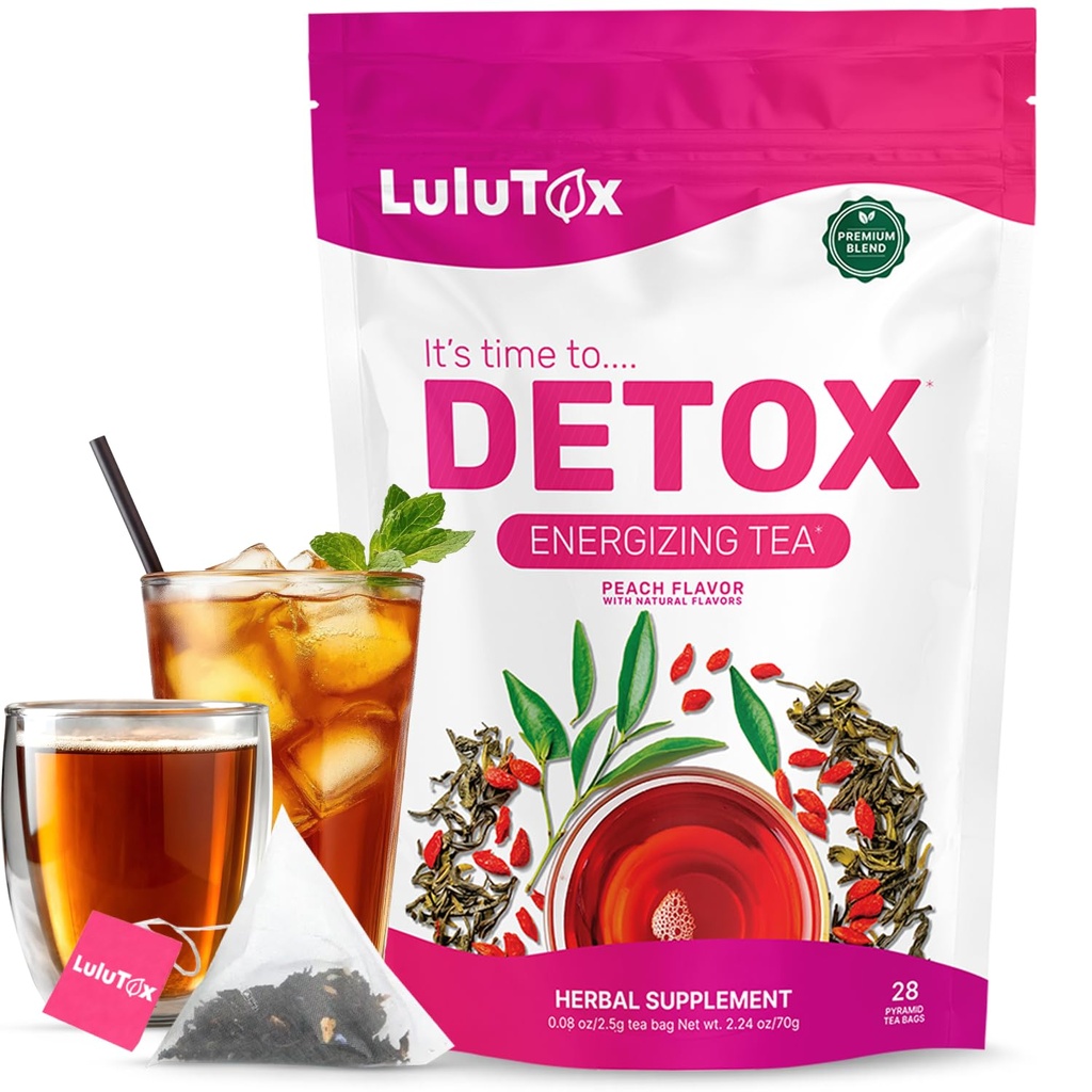 LULUTOX Detox čaj - Slimming čaj z Dandelion in ginseng za podporo ciljev za detox čiščenje, Flat Trebuh, Napenjanje, Zdrava teža in Prebavljivo zdravje - Ženske in moški - Breskova aroma (28 Servis)