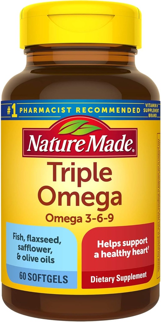 Narava narejena Triple Omega 3-6-9, 60 Softgels, Omega dodatek za zdravje srca (Pack 3)