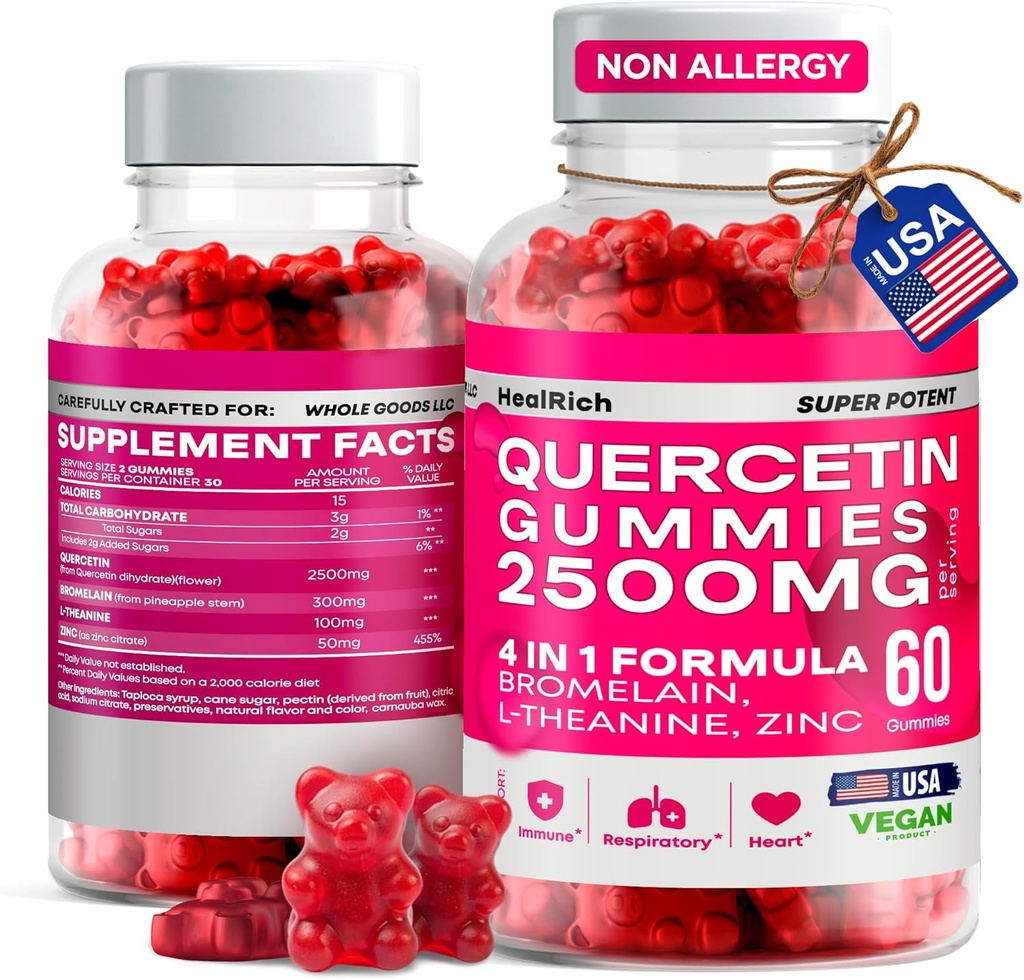 Quercetin Gumies - 2500MG Quercetin z Bromelain L-teanin & cink - Čisti dodatek za imunski sistem Lung in Alergija podpora - Immunity Booster Vegan dopolnila za otroke in odrasle - Made in US